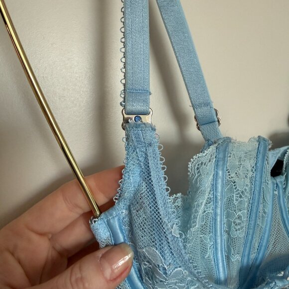 Honey Birdette “Rebecca” Lace-Up Corset Bra + Garter + Panty Set – Baby Blue - Picture 3 of 5